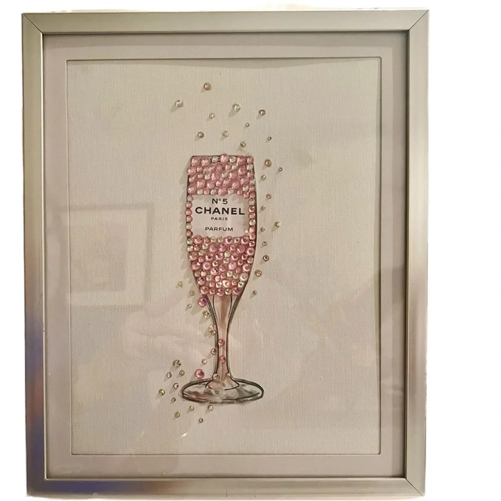 Coco Chanel inspired framed wall art~ rhinestone jewelry, art champagne glass